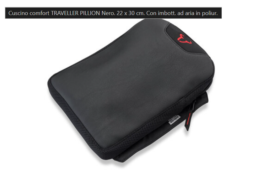 Cuscino comfort TRAVELLER PILLION Nero. 22 x 30 cm. Con imbott. ad aria in poliur.